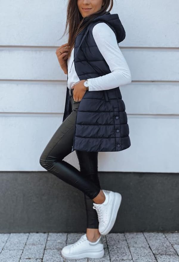 Veatzaer Women Long Vest Solid Color Sleeveless Hood Winter Puffer Vest Outwear
