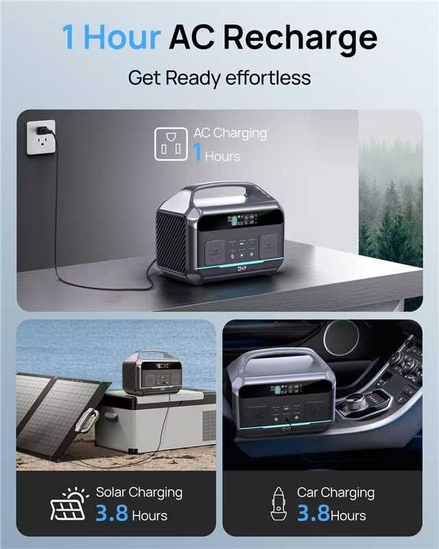 Portable Power Station 600W–576Wh LiFePO4 Battery/1 Hour Fast Charging, Solar Generator with Multiple Outputs – Reliable Backup Power for Camping, Off-Grid Living, and Emergencies