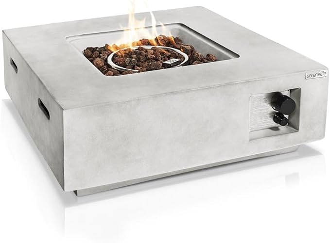 SereneLife Propane Gas Fire Pit Table - 40,000 BTU Square Outdoor Firepit with Cover, Lava Rock, and Adjustable Flame Height