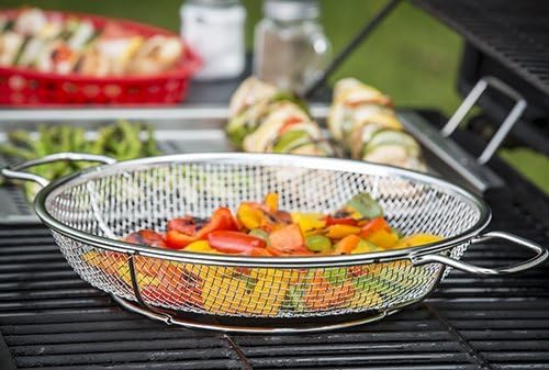 TableCraft BBQ Stainless Steel Cast Iron 16-Inch Round Grilling Basket, Small, Silver