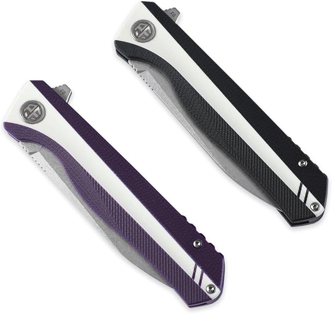 Petrified fish PF818,3.54" D2 Blade,104g G10 Handle Flipper Folding knife (Stonewash, White and Purple)