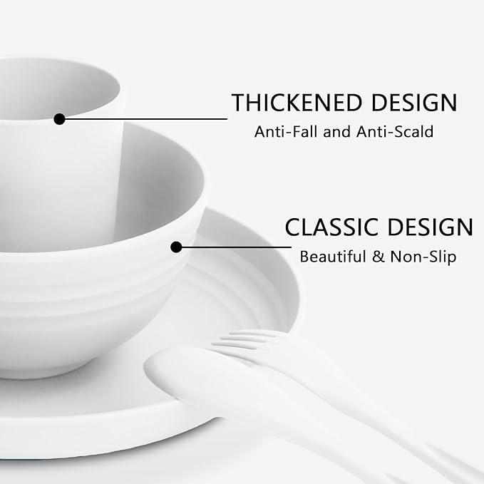 Wheat Straw Dinnerware Sets | Microwave and Dishwasher Safe Dishes Sets for 4 | Unbreakable Kids Plates and Bowls Set, Plastic Plates Reusable, Camping Dishes for Kitchen, PV, Dinner (White)
