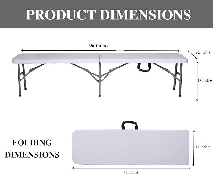 Plastic Folding Bench - Portable Bench Used for Indoor, Outdoor, Picnic, Party, Camping, Dining Seat, Garden Soccer Multipurpose Entertaining Activities, White (1, White, 8 Feet)