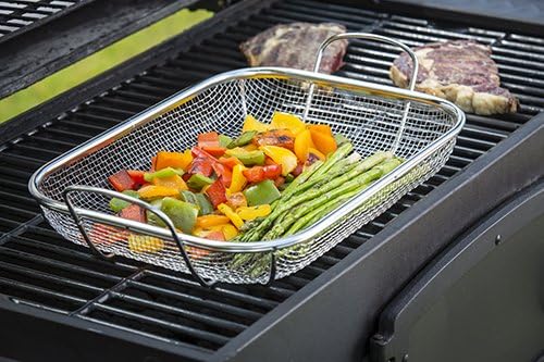 TableCraft BBQ Rectangular Grilling Basket with Handle, Silver, Medium