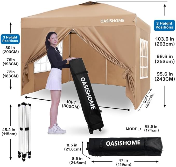 OASISHOME Pop-up Gazebo Instant Portable Canopy Tent 10'x10', Bag, for Patio/Outdoor/Wedding Parties and Events (Khaki, 10X10)