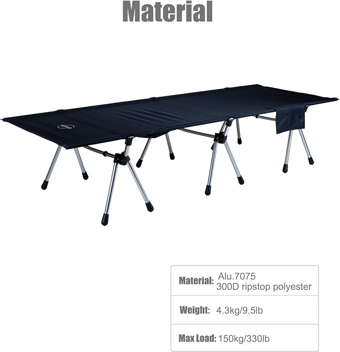 iClimb Super Easy Assemble Folding Cot Ultralight Compact Heavy Duty with Carry Bag for Adults Camping Backpacking (Black, Two Heights)