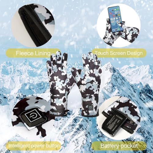 Heated Glove Liners for Men Women, Rechargeable Hand Warmers, Thin Camouflage Touchscreen Battery Electric Gloves