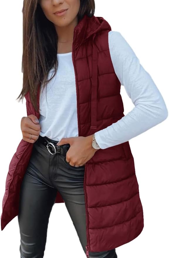 Veatzaer Women Long Vest Solid Color Sleeveless Hood Winter Puffer Vest Outwear
