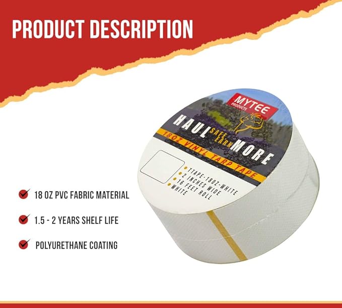 Mytee Products 18 oz Waterproof White Vinyl Tarp Repair Tape 2 Inch x 16 FT with Heavy Duty Adhesive Backing - Tarp Patch Kit, Tarp Repair Kit