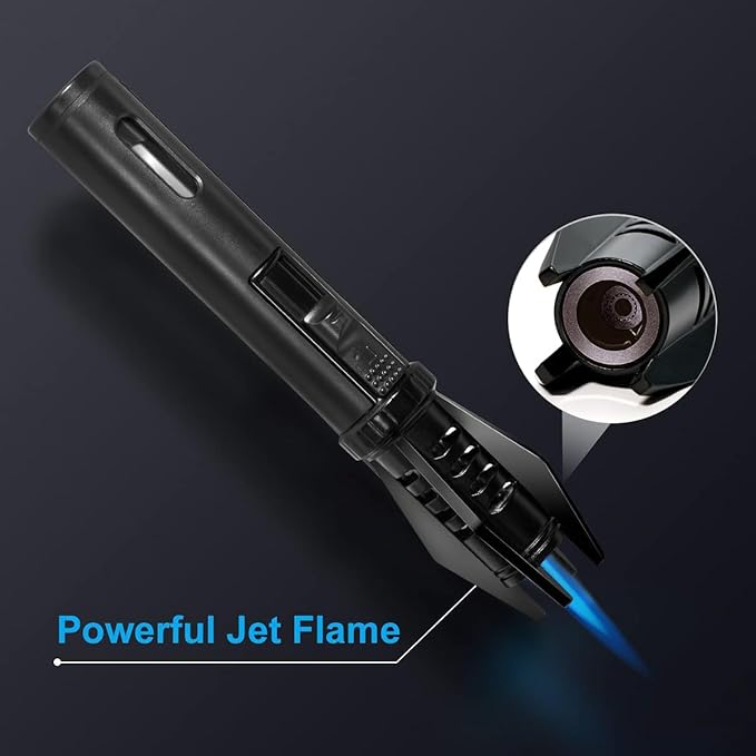 Camping Mini Torch Lighter Small Refillable Butane Lighters Pocket Tactical EDC Windproof Jet Flame with Visual Window for Hiking Survival Kitchen Candle Fireplace Home Party BBQ, 5" (Without Fuel)