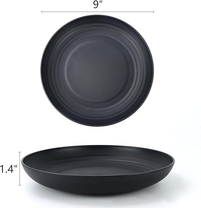Homienly Deep Dinner Plate Set of 12 - Alternative to Plastic - Microwave & Dishwasher Safe - Wheat Straw Construction - Unbreakable - Ideal for Kids (Black, 9 inch)