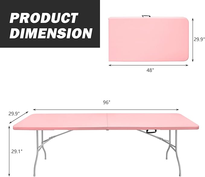 Portable Plastic Folding Table 4ft/6ft/8ft Heavy Duty White Black Picnic Dining Table Fold-in-Half for Camp Party Kitchen Indoor Outdoor (Pink, 8FT)