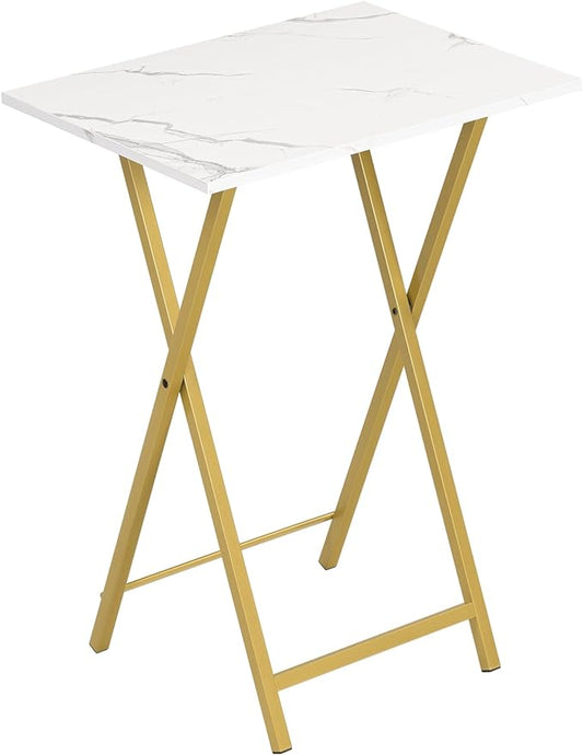 HOOBRO Folding TV Tray Table, Stable Snack Table for Small Space, Portable Sofa Side Desk, Easy Assembly and Storage, Ideal for Snacks and Meals in Living Room, Marble and Gold DM15BZ01