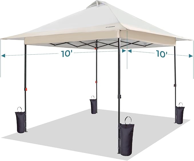 FUNDANGO 10x10 Pop Up Canopy Tent, Beach Canopy Tent, Outdoor Sunshade Canopy with Quick Open Frame, Extra Eave&Wheeled Carry Bag, Silver Coated top, Khaki
