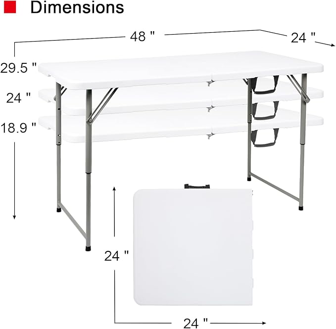 48" W x 24" D x 29.5" H - 4FT Adjustable Height Heavy Duty Plastic Fold-in-Half Foldable Table,White Portable Folding Table with Carrying Handle for Camping & Party