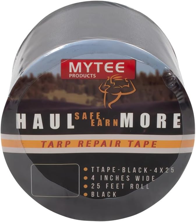 Mytee Products 8.8 oz Waterproof Black Vinyl Tarp Repair Tape 4 Inch x 25 FT with Heavy Duty Adhesive Backing - Tarp Repair Kit