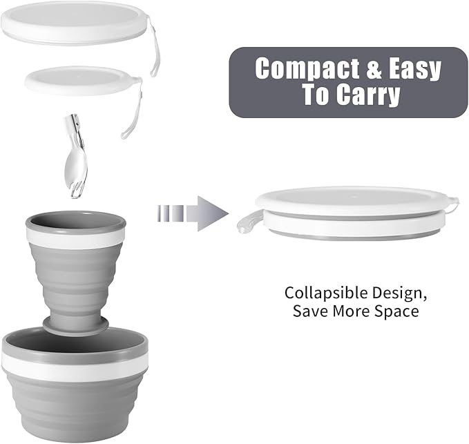 Odoland Camping Collapsible Silicone Cup and Bowl Set, Portable Mess Kit with Stainless Steel Spork and Lid for 1 Person Backpacking, Family Cookware, Hiking, Picnic, Travel
