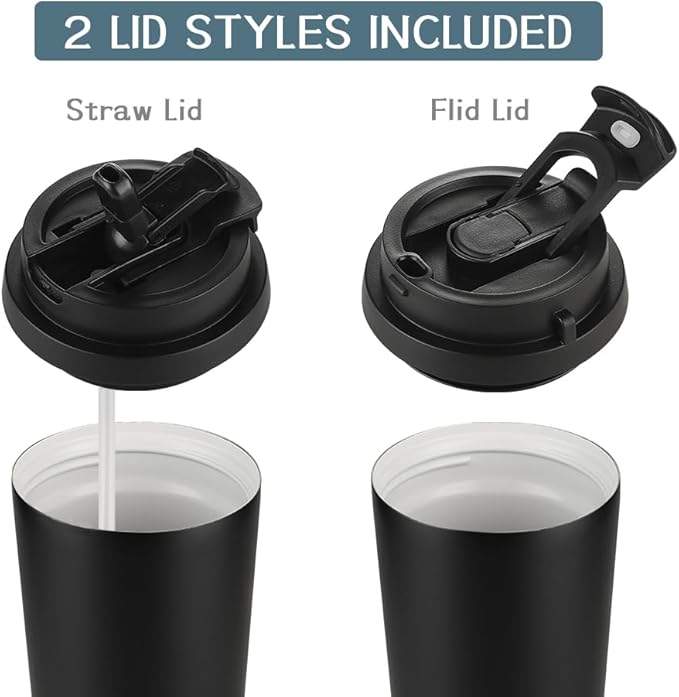 Funkrin Coffee Travel Mug with Straw & Flip Lid, 16oz Insulated Tumbler Cup with Ceramic Coating, Double Wall Vacuum Leak-Proof Mug for Office School Party Camping