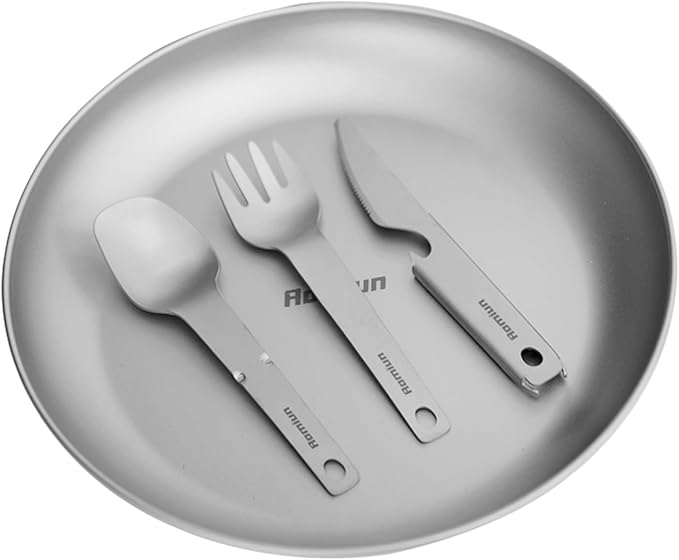 Titanium Camping Plate Utensil Set of 4, Ultralight Titanium Plate Dish with Knife Fork Spoon, Portable Outdoor Camping Tableware Cutlery Cookware for Backpacking Hiking Travelling Picnic BBQ