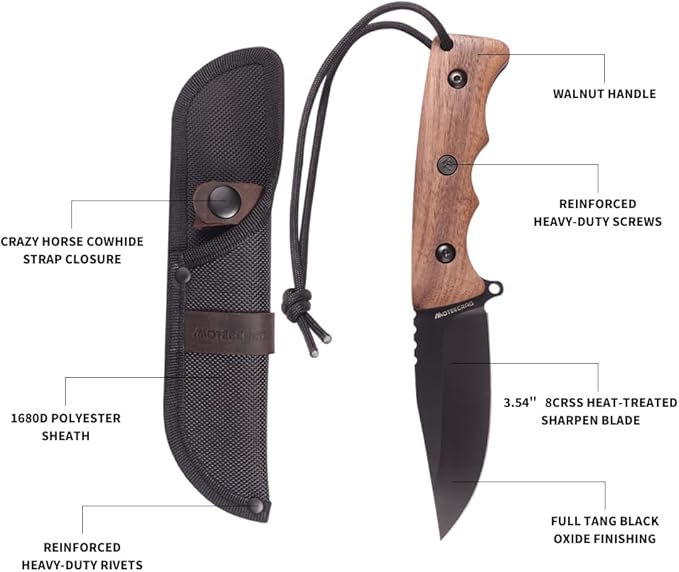 Fixed blade knife with Clip on Wood handle Full tang Short knife with sheath for men EDC Outdoor Camping Bushcraft Hiking Gift