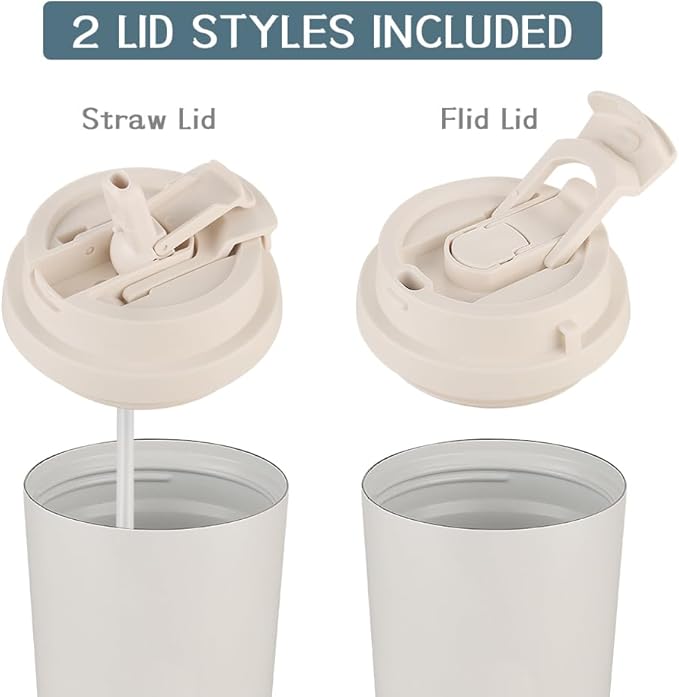 Funkrin Coffee Travel Mug with Straw & Flip Lid, 16oz Insulated Tumbler Cup with Ceramic Coating, Double Wall Vacuum Leak-Proof Mug for Office School Party Camping
