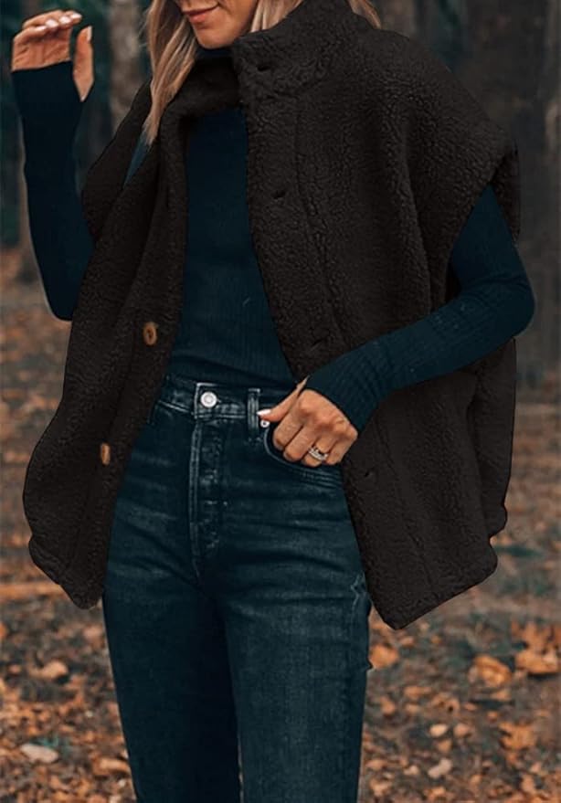 Hongqizo Womens Fuzzy Fleece Vest Casual Oversized Warm Button Down Sherpa Vest Jacket with Pockets