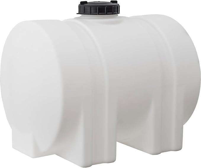 Romotech 82126189 Horizontal Polyethylene Reservoir Water Tank w/Legs, 35 gal, Made In USA, Natural Poly Tank For Non-Flammable Liquids, UV-Resistant, Ideal for Agricultural Use, RV Water Storage
