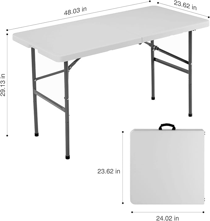 Simple Deluxe 4 FT Foldable Table with Built in Handle & Steel Legs, Heavy Duty Portable Table, Folding Table Outdoor Indoor with Carrying Handle for Camping, Picnic, Party, White