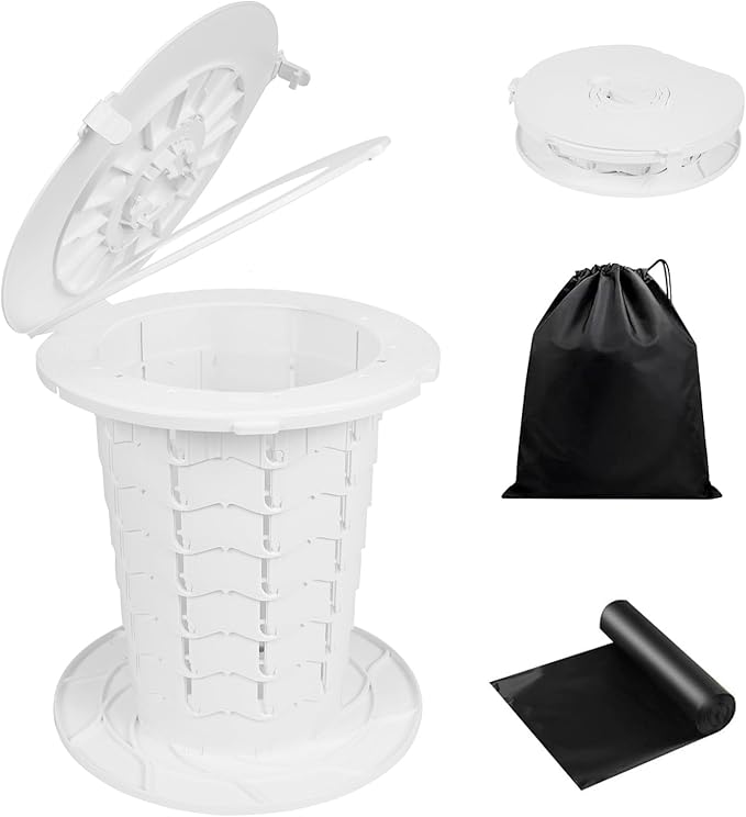 XL Portable Toilet - 13"H Adjustable Foldable Camping Toilet, Luggable Loo with Lid, Strap, Toilet Bag for Camping, Hiking, Travel and Car