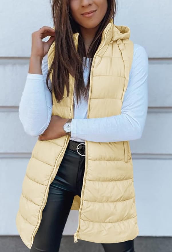 Veatzaer Women Long Vest Solid Color Sleeveless Hood Winter Puffer Vest Outwear
