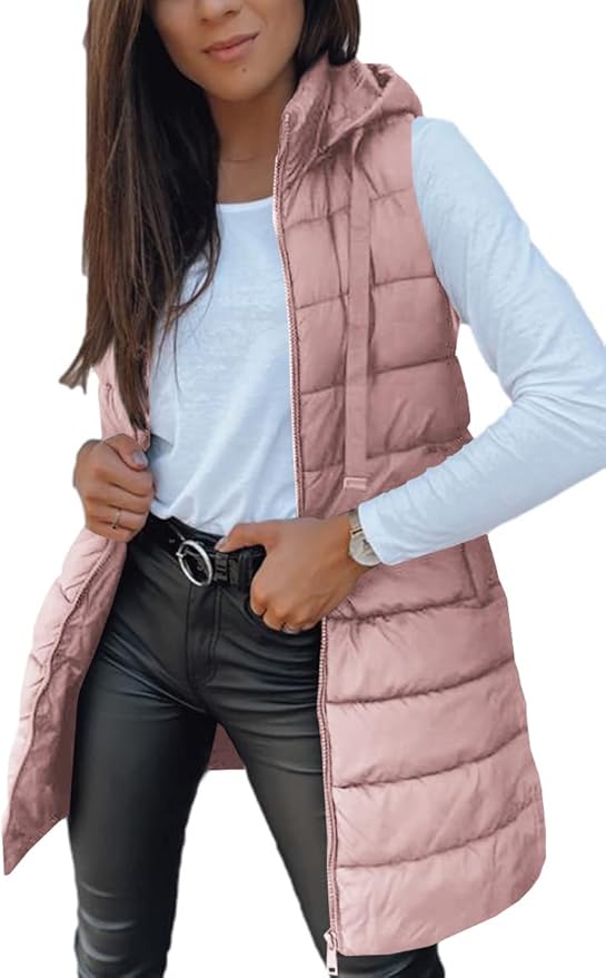 Veatzaer Women Long Vest Solid Color Sleeveless Hood Winter Puffer Vest Outwear