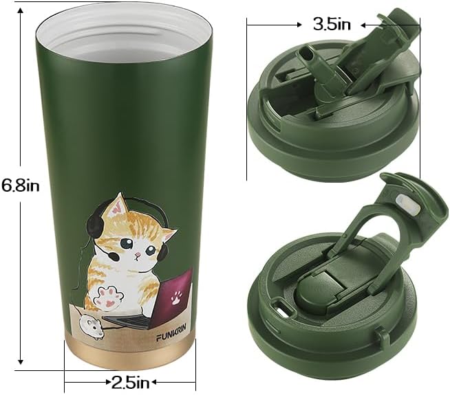 Funkrin Coffee Travel Mug with Straw & Flip Lid, 16oz Insulated Tumbler Cup with Ceramic Coating, Double Wall Vacuum Leak-Proof Mug for Office School Party Camping