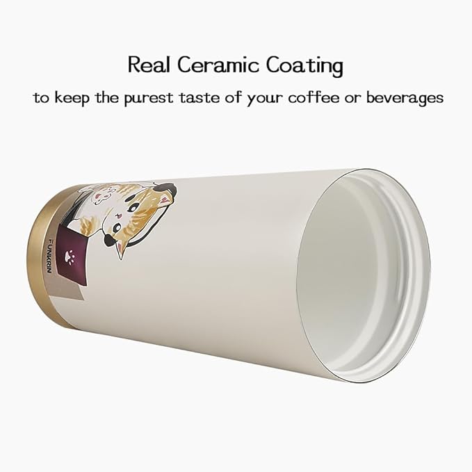 Funkrin Coffee Travel Mug with Straw & Flip Lid, 16oz Insulated Tumbler Cup with Ceramic Coating, Double Wall Vacuum Leak-Proof Mug for Office School Party Camping