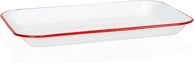 Red Co. 13.5” x 10” Enamelware Metal Classic 1.6-Quart Rectangular Serving Tray, Solid White/Red Rim