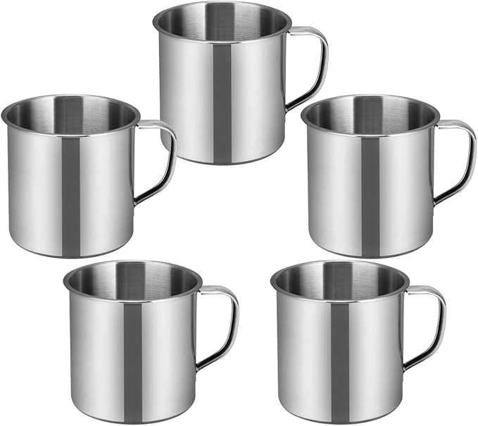 5pcs Small Stainless Steel Mug Camping Coffee with Handle Portable Drinking Cup Kids Hot Chocolate Mug Metal Water Cup For Outdoor Picnic Backpacking Silver