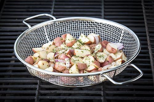 TableCraft BBQ Stainless Steel Cast Iron 16-Inch Round Grilling Basket, Small, Silver
