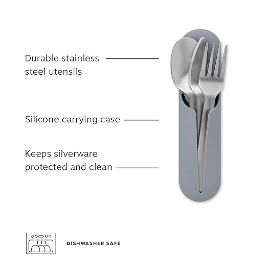 W&P Porter Stainless Steel Utensils with Silicone Carrying Case | Slate | Spoon, Fork & Knife for Meals on the Go | Portable and Compact Set