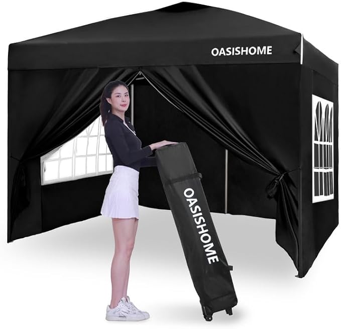 OASISHOME Pop-up Gazebo Instant Portable Canopy Tent 10'x10', with 4 Sidewalls, Windows, Wheeled Bag, for Patio/Outdoor/Wedding Parties and Events (10FTx10FT, Black)