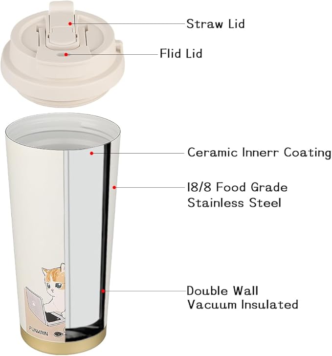 Funkrin Coffee Travel Mug with Straw & Flip Lid, 16oz Insulated Tumbler Cup with Ceramic Coating, Double Wall Vacuum Leak-Proof Mug for Office School Party Camping