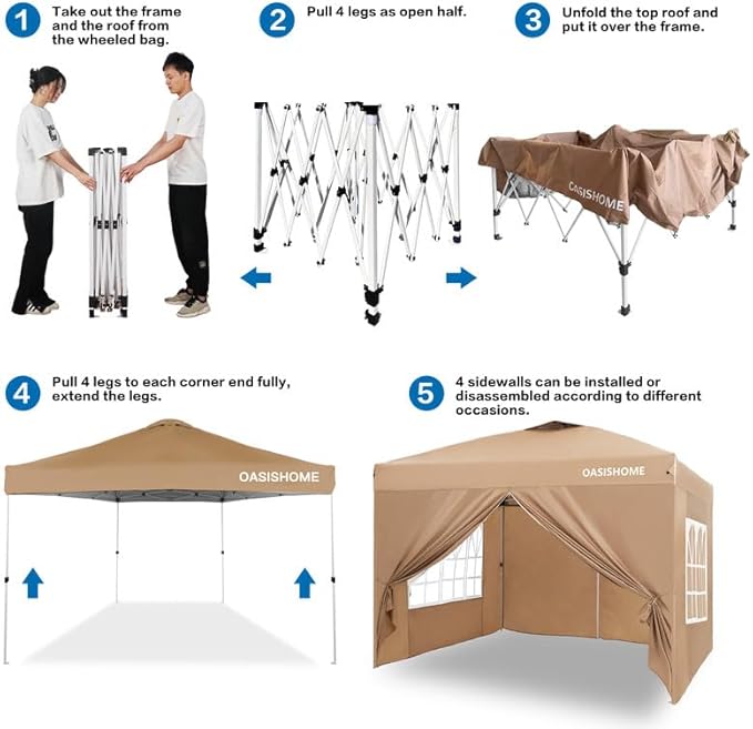 OASISHOME Pop-up Gazebo Instant Portable Canopy Tent 10'x10', Bag, for Patio/Outdoor/Wedding Parties and Events (Khaki, 10X10)