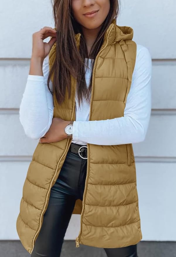 Veatzaer Women Long Vest Solid Color Sleeveless Hood Winter Puffer Vest Outwear