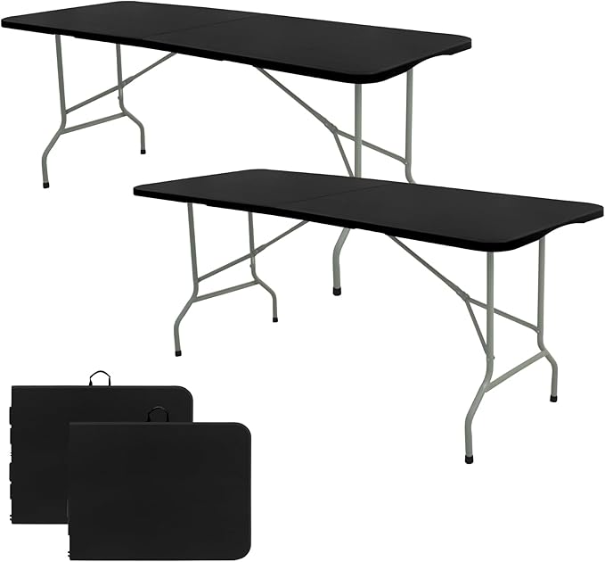 Set of 2 Folding Table 8 FT Camping Table Portable Heavy Duty Plastic Rectangular Outdoor Dining Table Steel Legs Fold-in-Half with Carrying Handle for Indoor,Picnic,Party,Wedding,Events(Black)