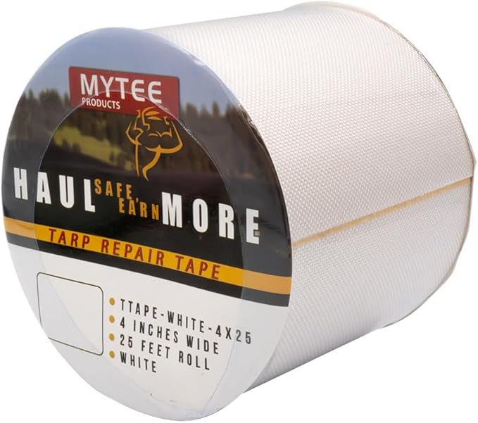 Mytee Products 8.8 oz Waterproof White Vinyl Tarp Repair Tape 4 Inch x 25 FT with Heavy Duty Adhesive Backing - Tarp Repair Kit