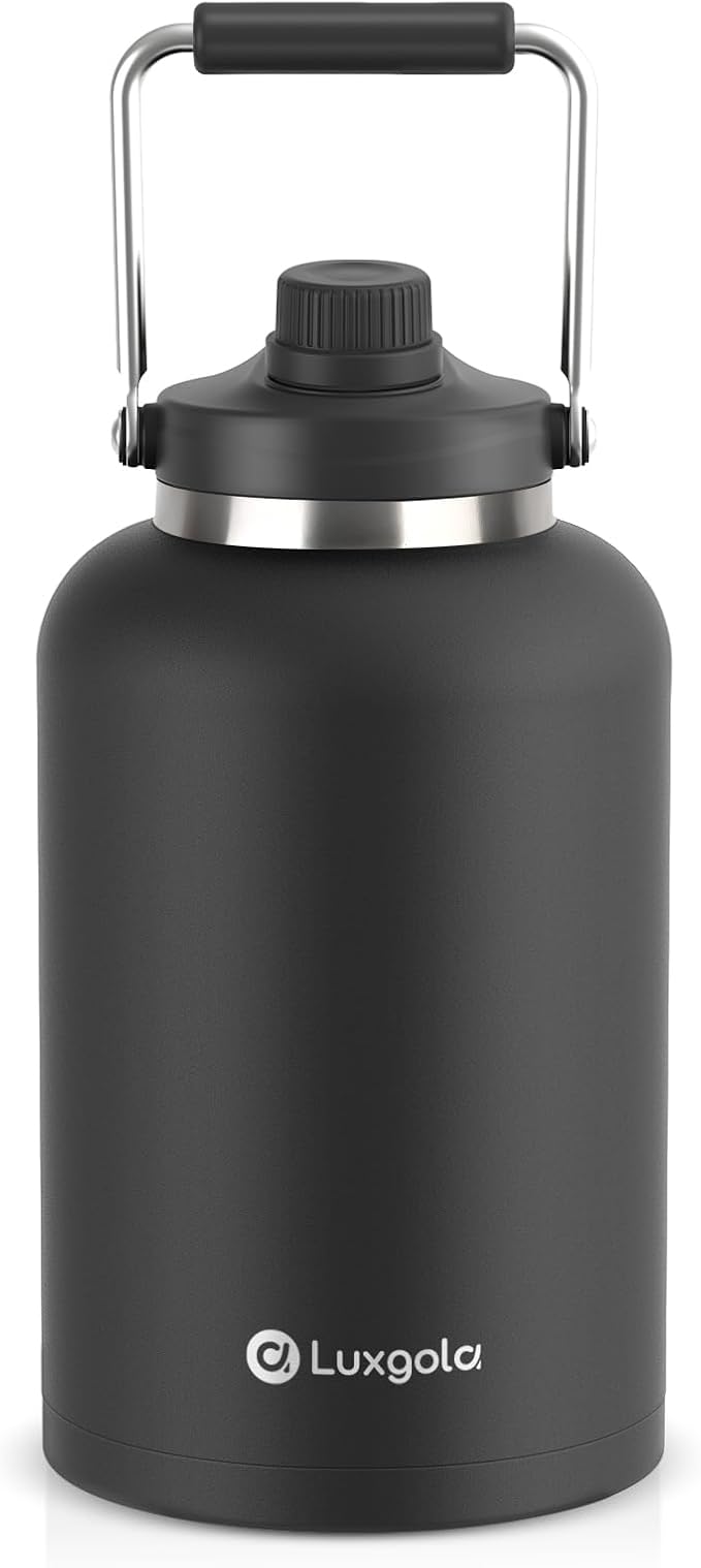 128 oz Insulated Water Bottle with Spout Lid and Handle, One Gallon Stainless Steel Large Double Vacuum Water Jug for Hot & Cold Drinks - Sweat Proof, Great for Travel, Hiking, Camping - Black