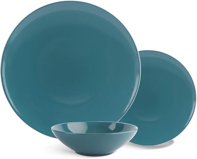 Amazon Basics 18 Pieces Dinnerware Sets, Plates and Bowls, Service for 6, Deep Teal
