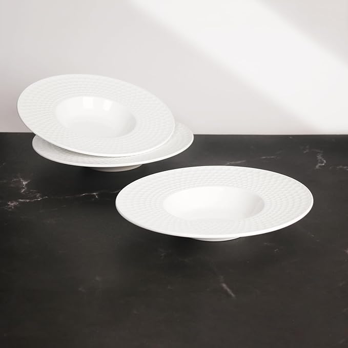 Creative home decor ceramic wide-rimmed soup bowls/plates, 5.3 oz pasta bowl set of 4, white embossed bowls and plates with rims, perfect for upscale restaurants, hotels and gourmets.