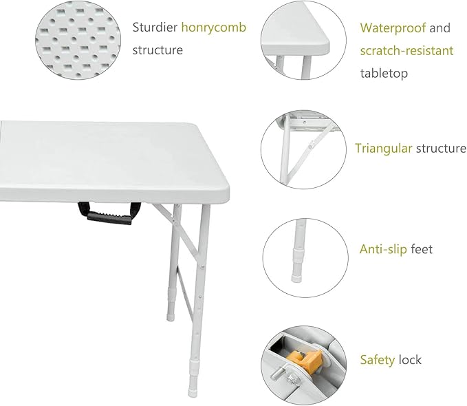 Portable Plastic Folding Table 4ft/6ft/8ft Heavy Duty White Black Picnic Dining Table Fold-in-Half for Camp Party Kitchen Indoor Outdoor (White, 4FT)