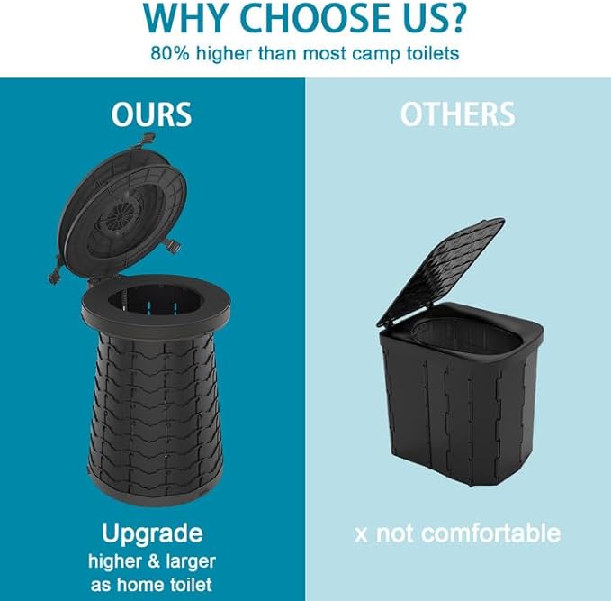 ALEVMOOM XXL Portable Toilet - 19.7" H Taller Wider Collapsible Foldable Camping Toilet with Lid, Strap, Bag - Adjustable for Camping, Hiking, Travel and Car