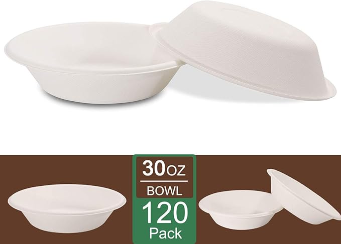 Nervure 120PCS Biodegradable Paper Bowls - 30OZ Compostable Bowls Heavy Duty Nature-Made by 100% Sugar Cane Fibers, Microwave Hot Food Safe