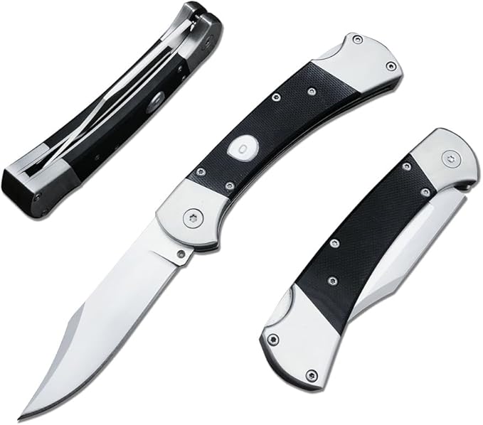 push button assisted opening Folding Knife,440C Stainless Steel Blade, Backlock G10 Handle with Leather Sheath, EDC Pocket Knives for Men (Black)